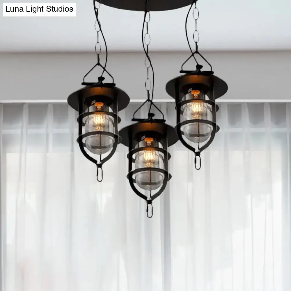 Vintage Black Caged Glass Multi Pendant 3-Light Fixture for Living Room - Round Canopy Hangs with Clear Elegance