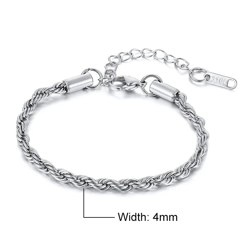 Vnox Women's Chic Rope Chain Bracelets, Anti Allergy Twisted Stainless Steel Wrist Chain, 2/3/4/5mm Width,Length Adjustable