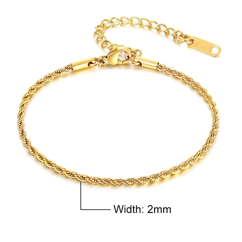 Vnox Women's Chic Rope Chain Bracelets, Anti Allergy Twisted Stainless Steel Wrist Chain, 2/3/4/5mm Width,Length Adjustable