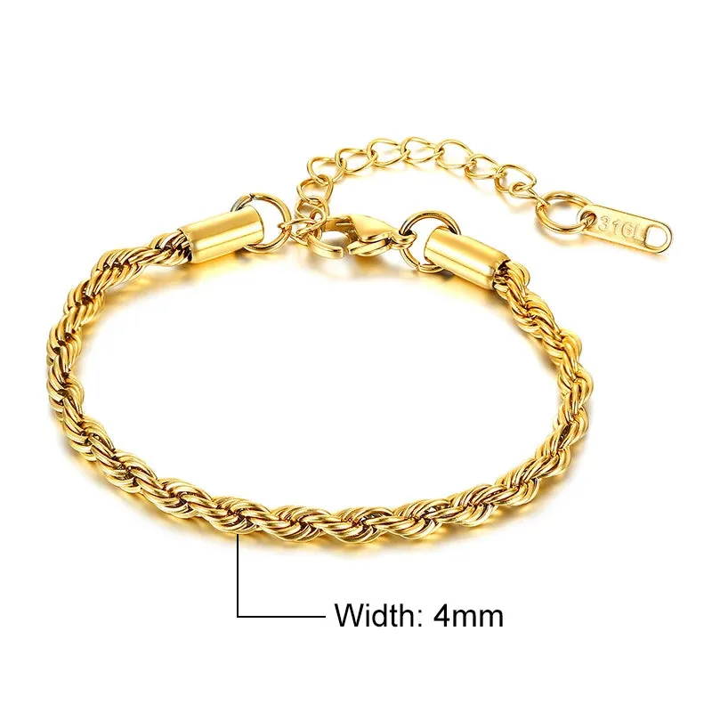 Vnox Women's Chic Rope Chain Bracelets, Anti Allergy Twisted Stainless Steel Wrist Chain, 2/3/4/5mm Width,Length Adjustable