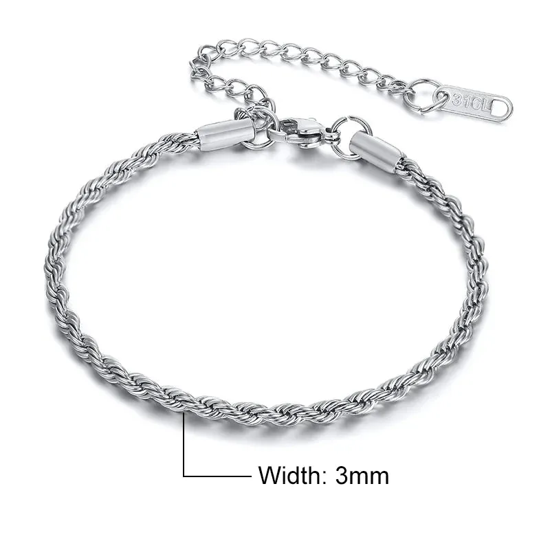 Vnox Women's Chic Rope Chain Bracelets, Anti Allergy Twisted Stainless Steel Wrist Chain, 2/3/4/5mm Width,Length Adjustable