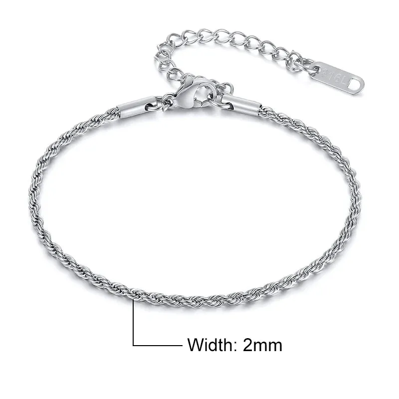 Vnox Women's Chic Rope Chain Bracelets, Anti Allergy Twisted Stainless Steel Wrist Chain, 2/3/4/5mm Width,Length Adjustable