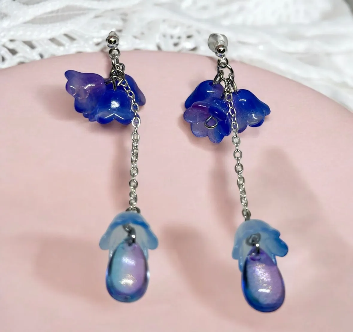 Whimsical - Blue purple flower earrings |mini flower earrings | elegant floral dangle chain earrings