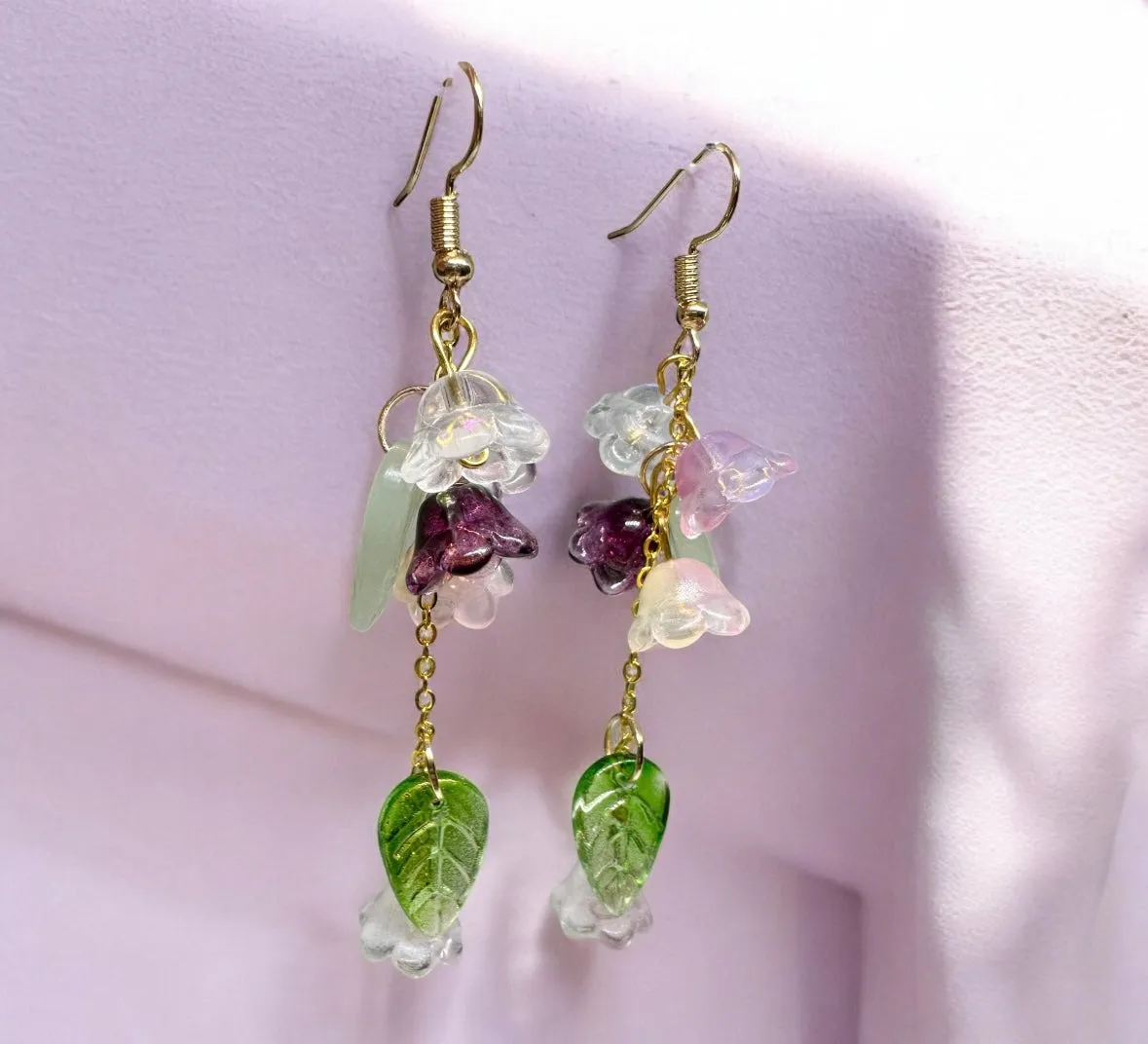 Whimsical - Lily of the valley flower earrings | golden leaf mini flower earrings | elegant floral dangle chain earrings