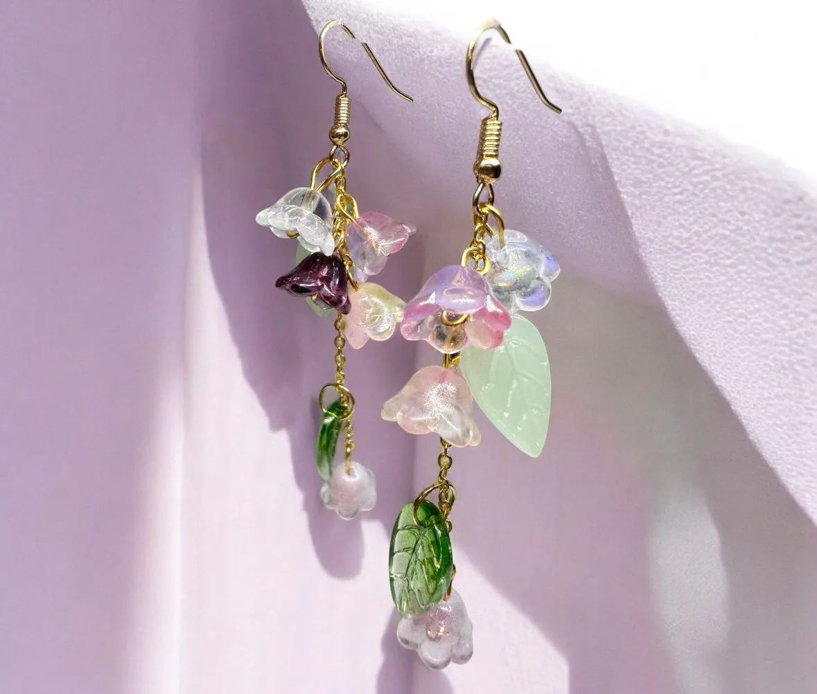 Whimsical - Lily of the valley flower earrings | golden leaf mini flower earrings | elegant floral dangle chain earrings