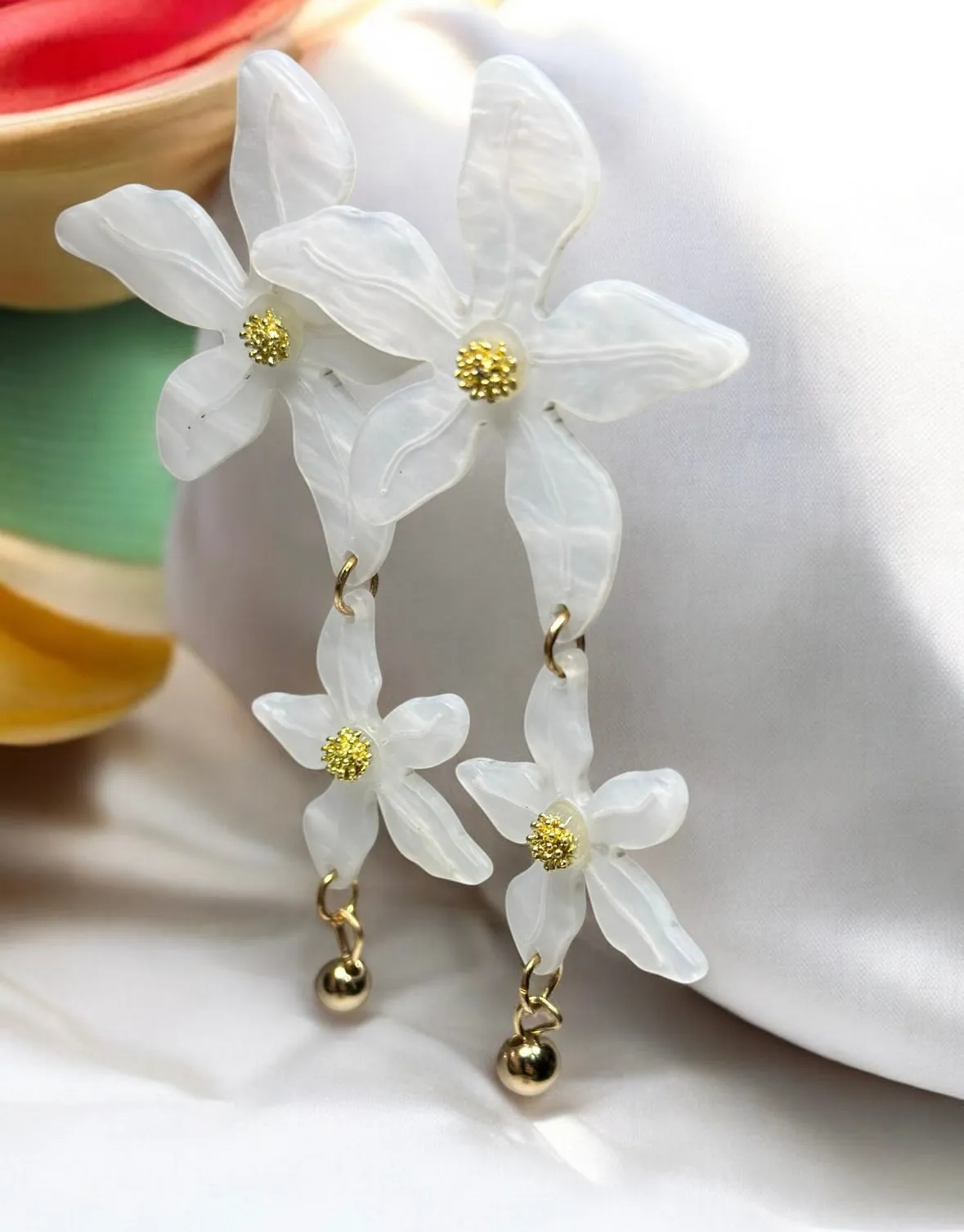 White - Acetate crystal flowers earrings | diamante rhinestones flower earrings | oversize spring blossom | floral statement earrings