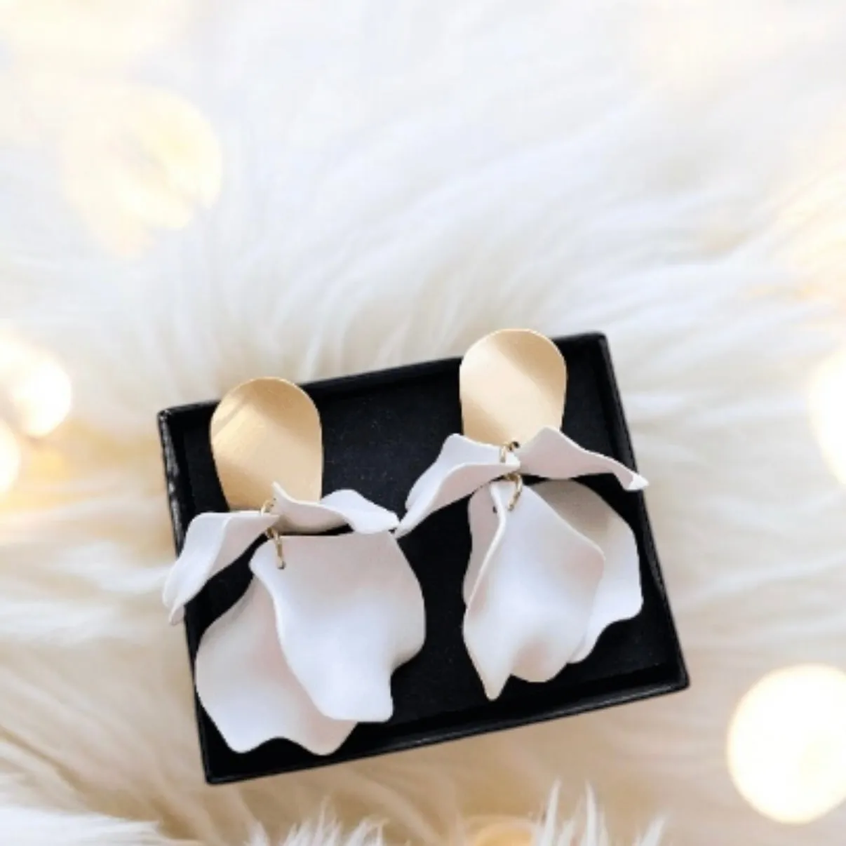 White - flower earrings | matte petal earrings | golden disc geometric floral earrings | bridal party wedding bridesmaid earrings