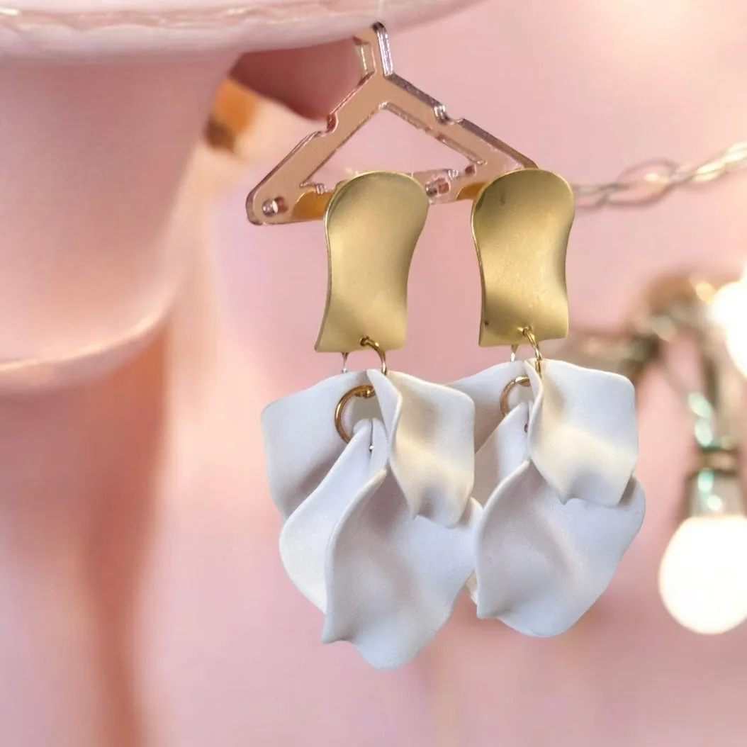 White - flower earrings | matte petal earrings | golden disc geometric floral earrings | bridal party wedding bridesmaid earrings