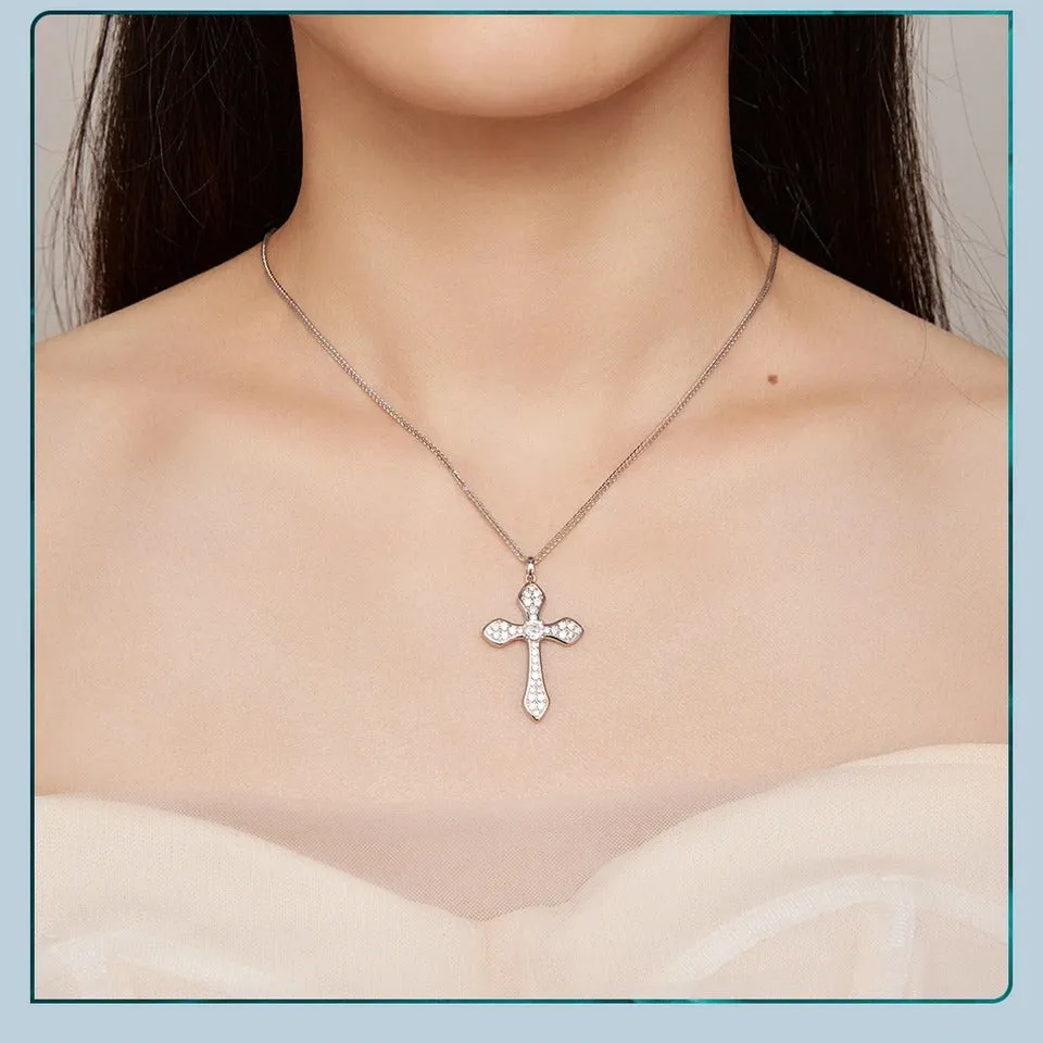 White Gold Plated 925 Solid Sterling Silver Cubic Zirconia Cross Pendant Crucifix Necklace Faithful For Women Girls