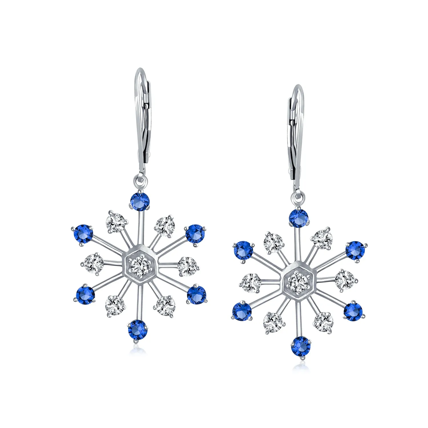 Winter White & Ice Blue Snowflake Dangle Chandelier Earrings Cubic Zirconia Silver