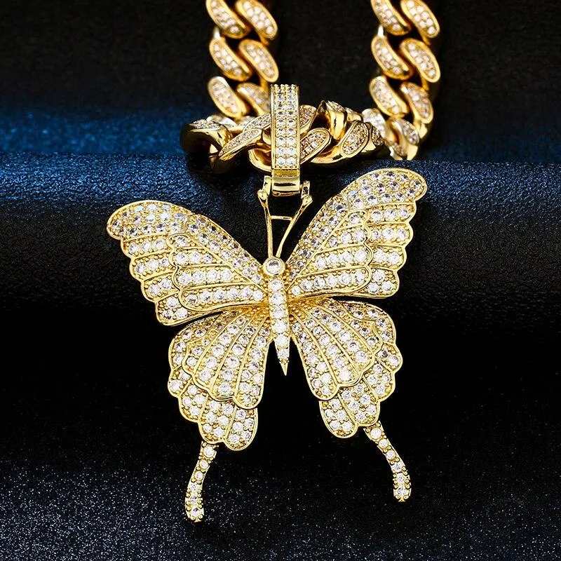 Women Butterfly Pendant Necklace Iced Out Link Chain Choker Necklace Bling Hip Hop Pendant Jewelry New Year Party Gifts