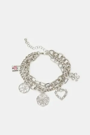 Women Silver Embellished Layered Bracelet