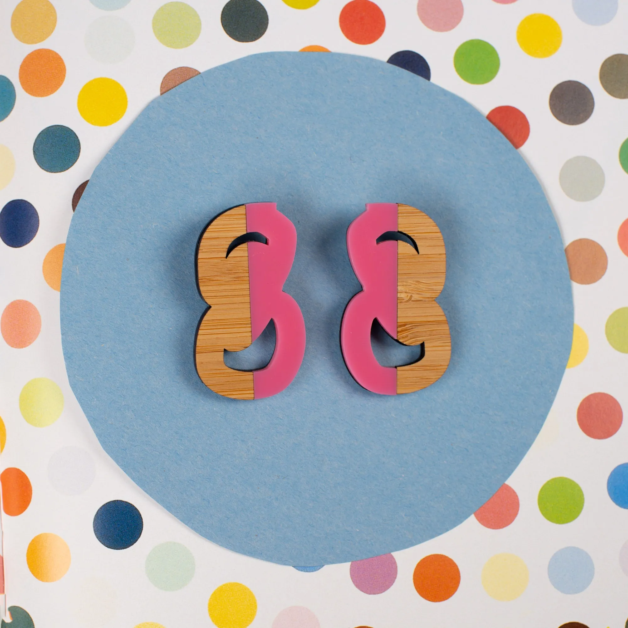 Wood and Pink Statement Stud Earrings - Abstract