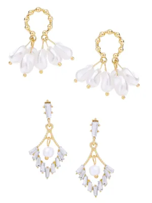 Yellow Chimes Combo of 2 Pairs Latest Fashion Gold Plated Floral Pearl Design Drop Earrings for Women and Girls, Medium (YCFJER-01PRLDGN-C-WH)